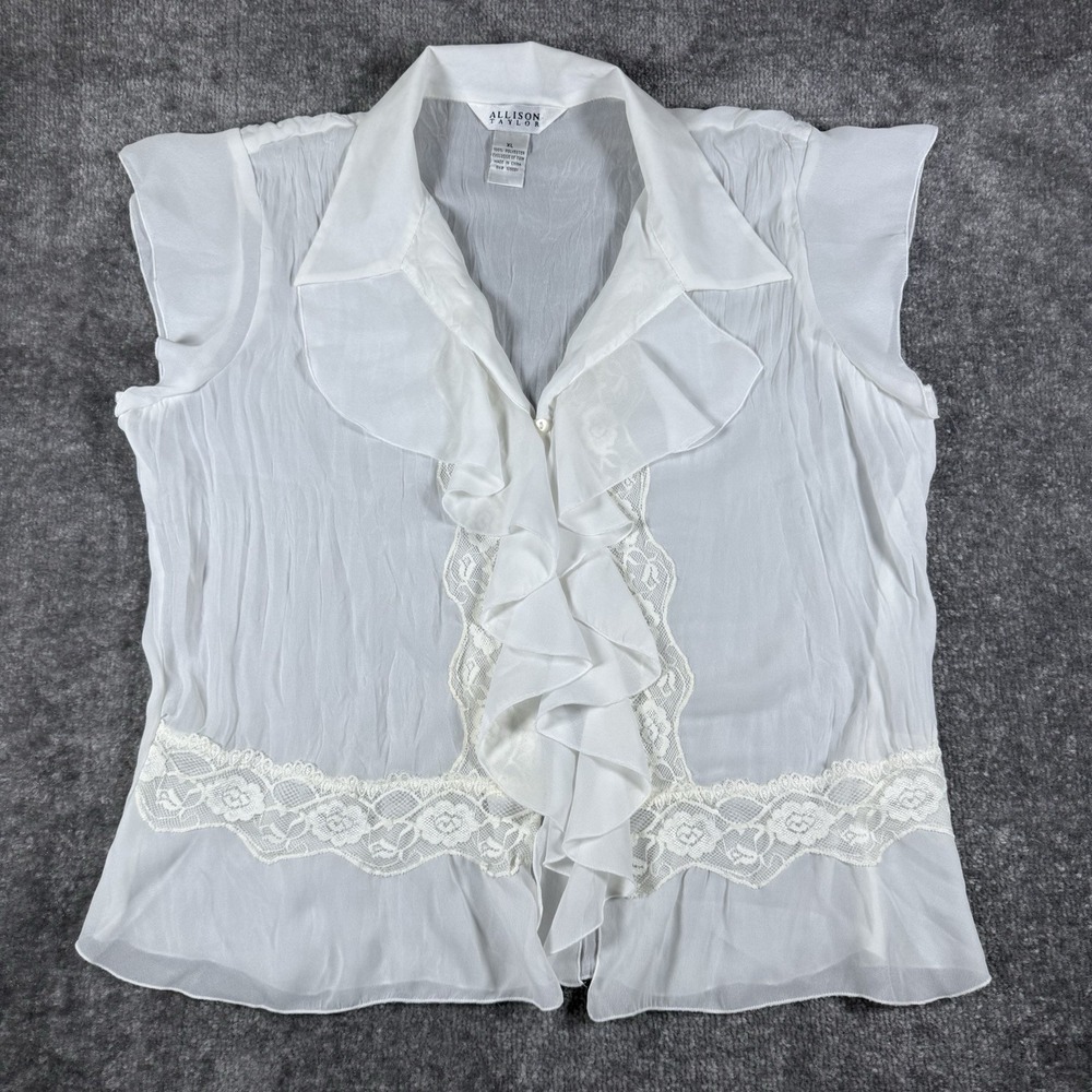 VTG Allison Taylor Top Women's XL White Ruffle Lace Gauzy Sleeveless Romantic